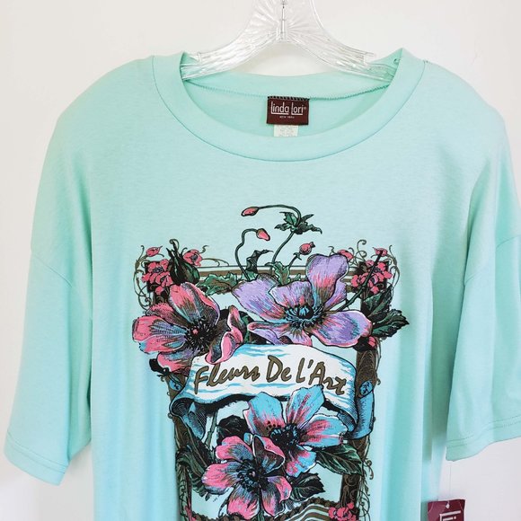 Linda Lori Women's Vintage 1992 Floral Sea Foam Scoop Neck Tee Shirt Top Blouse - Picture 2 of 13